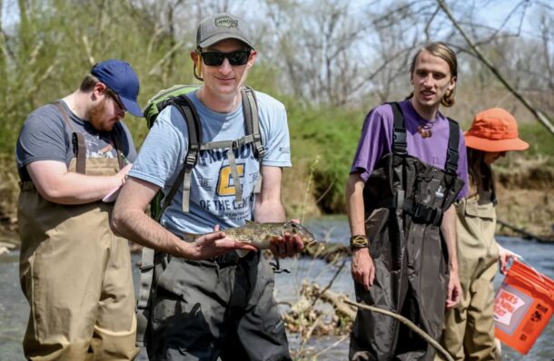 Assistant Professor Rich Walker and ichthyology students during a research excursion to Falling Water Creek.